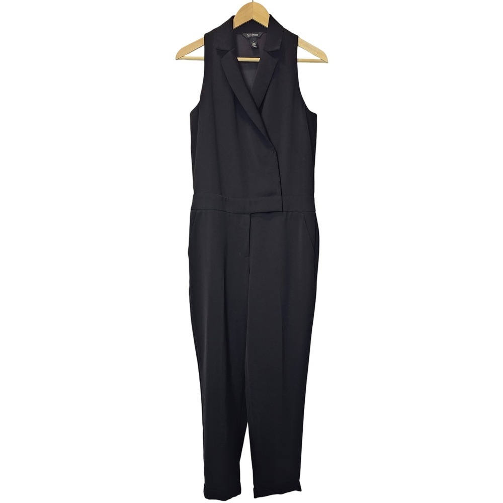 WHBM Black Sleeveless Collared Jumpsuit Size 4‎ Cuffed Tapered Straight Office